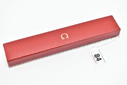 AN 'OMEGA' WATCH BOX, red rectangular box, signed to the inside 'Omega', length 21.5cm