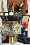 A BOX OF ASSORTED ITEMS, to include a boxed 'Birmingham junior Chamber of Commerce' medal, awarded
