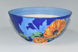 A CLARICE CLIFF BIZARRE 'MARIGOLD' PATTERN BOWL, painted with orange and yellow marigolds on a