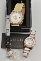 THREE LADIES DESIGNER WRISTWATCHES, to include a stainless steel Gucci watch with mother of pearl