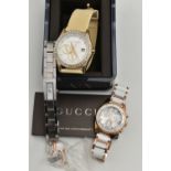 THREE LADIES DESIGNER WRISTWATCHES, to include a stainless steel Gucci watch with mother of pearl