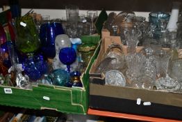 FOUR BOXES OF CUT CRYSTAL AND COLOURED GLASSWARE, to include a small Caithness vase, a red and