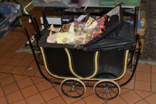 ONE BOX OF DOLLS CLOTHES AND TWO VINTAGE DOLL'S PRAMS, to include a very large quantity of