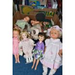 THREE BOXES OF VINTAGE DOLLS, GAMES AND TOYS, to include two 1960's 'Rosebud' dolls dressed in