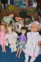 THREE BOXES OF VINTAGE DOLLS, GAMES AND TOYS, to include two 1960's 'Rosebud' dolls dressed in