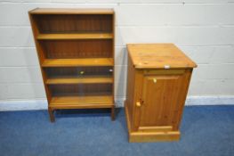 A PINE SINGLE DOOR CABINET, width 55cm x depth 61cm x height 89cm, along with a mid-century