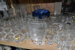 A LARGE QUANTITY OF CUT CRYSTAL AND GLASSWARE, comprising a David Whyman glass vase depicting a