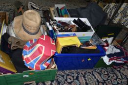 SIX BOXES AND LOOSE CLOTHING, ACCESSORIES AND SUNDRY ITEMS, to include a mustard yellow, white and