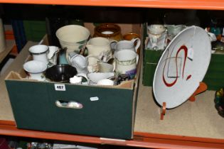 THREE BOXES AND LOOSE CERAMICS, to include planters, vases, jugs, pitchers, a mid-century West