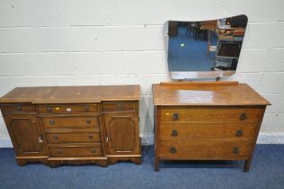 A 20TH CENTURY YEW WOOD BREAKFRONT SIDEBOARD, fitted with six drawers and two cupboard doors, length
