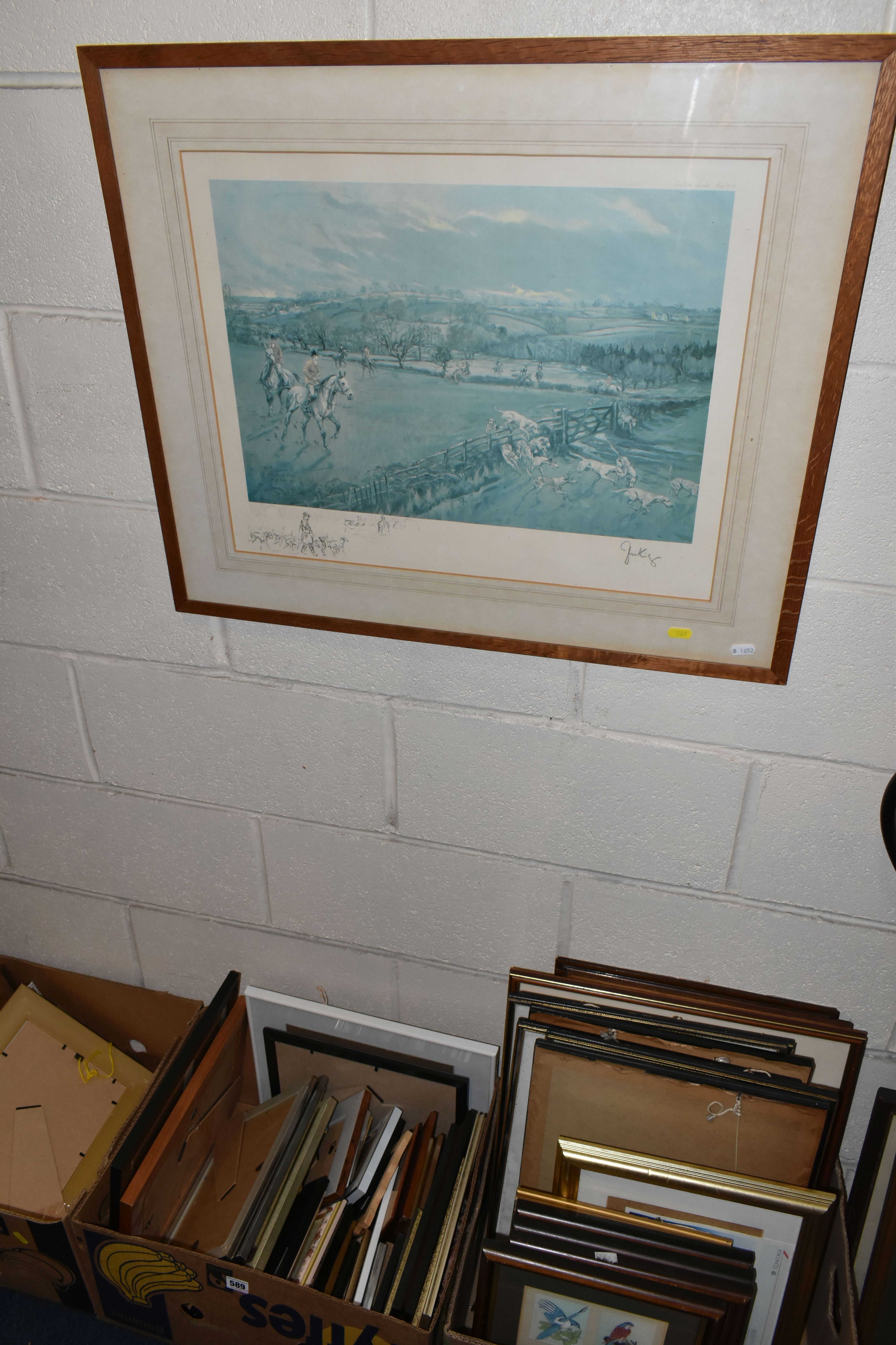 FIVE BOXES AND LOOSE PRINTS AND PICTURE FRAMES ETC, to include a faded John Gregory King print