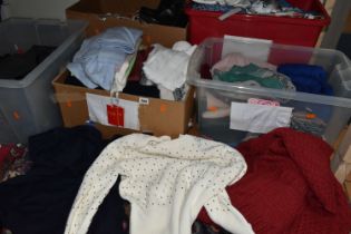 SIX BOXES OF LADIES' CLOTHES AND SHOES ETC, to include cardigans, jumpers and dresses, brands