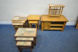 A SELECTION OF OAK OCCASIONAL FURNITURE, to include a tv stand, fitted with a single door and shelf,