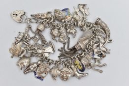 A WHITE METAL CHARM BRACELET, curb link chain unmarked, fitted with a heart padlock clasp, and a