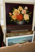 A BOX OF AMATEUR OILS ON CANVAS AND BOARD ETC, to include a still life study of roses signed H.R.