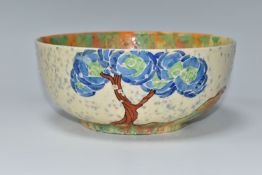 A CLARICE CLIFF PATINA 'BLUE TREE' PATTERN BOWL, painted with blue and green trees in a landscape on