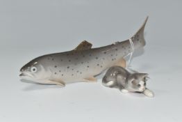 TWO ROYAL COPENHAGEN ANIMAL FIGURES, comprising a trout, model no 2676, length 20.5cm, and a grey