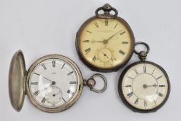 THREE POCKET WATCHES, the first a silver, key wound open face pocket watch, round dial signed 'G.