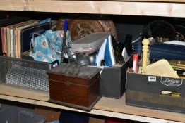 TWO BOXES AND LOOSE ASSORTED SUNDRY ITEMS ETC, to include an Akai AP-A100 turntable - untested,