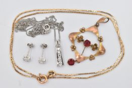 FOUR ITEMS OF JEWELLERY, to include a rose metal lavalier pendant, open work form with floral
