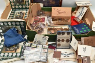 A LARGE CARDBOARD BOX OF COINS AND COMMEMORATIVES, to include a Limited Edition Nelsons Battle of