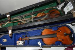 TWO LATE 19TH CENTURY CASED VIOLINS, comprising violin needing attention, one piece back, a