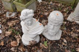 TWO MODERN COMPOSITE GARDEN BUSTS depicting Roman and Greek figures 52cm and 42cm high respectively