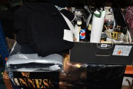 TWO BOXES AND LOOSE GUINNESS ADVERTISING SUNDRIES, to include large Guinness banners, dressing gown,