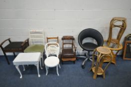 A SELECTION OF CHAIRS AND STOOLS, to include a black leatherette swivel chair, three child's chairs,