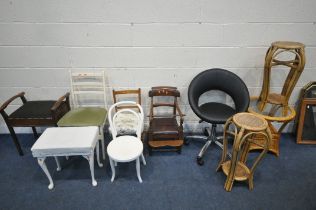 A SELECTION OF CHAIRS AND STOOLS, to include a black leatherette swivel chair, three child's chairs,