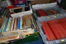 FIVE BOXES OF BOOKS & MAGAZINES containing 75-85 miscellaneous book titles in hardback and paperback