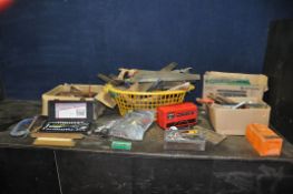 A BASKET AND THREE BOXES CONTAINING TOOLS including a Stanley No110 block plane, a Record No 051