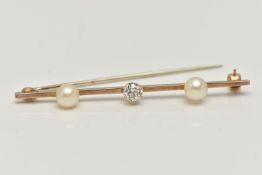 A YELLOW METAL DIAMOND AND CULTURED PEARL BAR BROOCH, a principally set old cut diamond, approximate