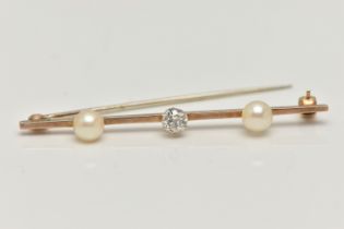 A YELLOW METAL DIAMOND AND CULTURED PEARL BAR BROOCH, a principally set old cut diamond, approximate