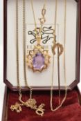 A 9CT GOLD AMETHYST PENDANT, 9CT GOLD STICK PIN AND YELLOW METAL CHAIN, a yellow gold open work