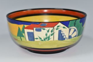 A CLARICE CLIFF 'APPLIQUE LUGANO' BOWL, painted with stylised buildings and landscape, with yellow