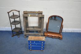 AN OAK THREE TIER CAKE STAND, along with a Victorian walnut swing mirror, a small painted chest of