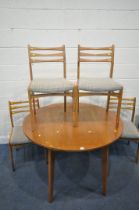 A MID-CENTURY TEAK CIRCULAR DROP LEAF DINING TABLE, open diameter 114cm x closed width 70cm x height