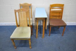A 20TH CENTURY FORMICA TOP DROP LEAF TABLE, a pair of cane back chairs, a mid-century teak chair and