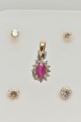 A SMALL ASSORTMENT OF JEWELLERY, to include a small ruby and diamond cluster pendant, set in