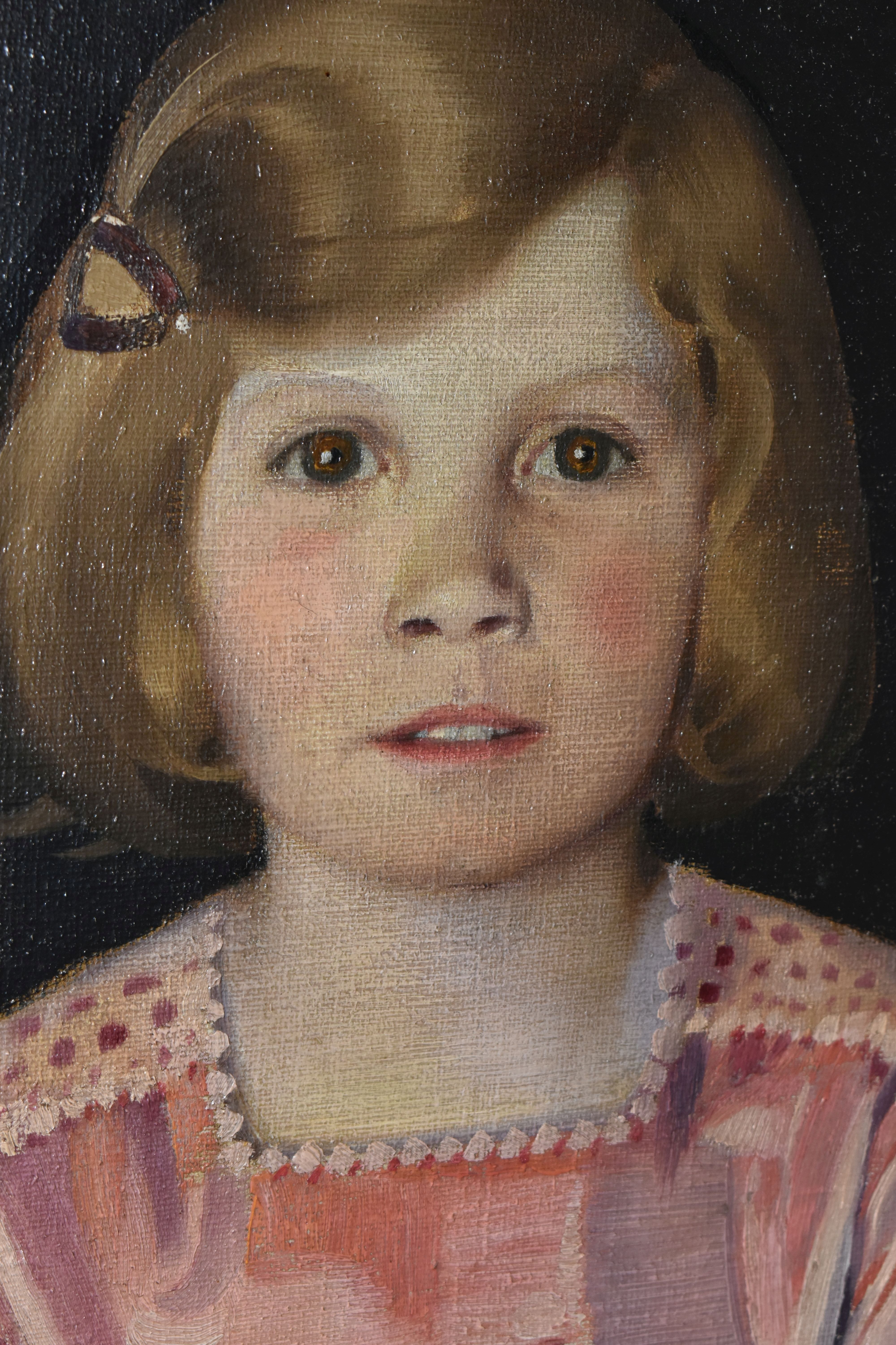 AN EARLY 20TH CENTURY PORTRAIT OF A YOUNG GIRL, the portrait depicts a seated girl wearing a pink - Image 2 of 3