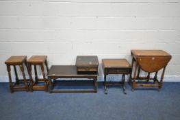 A SMALL OAK DROP LEAF TABLE, along with a mahogany drop leaf occasional table, an oak telephone
