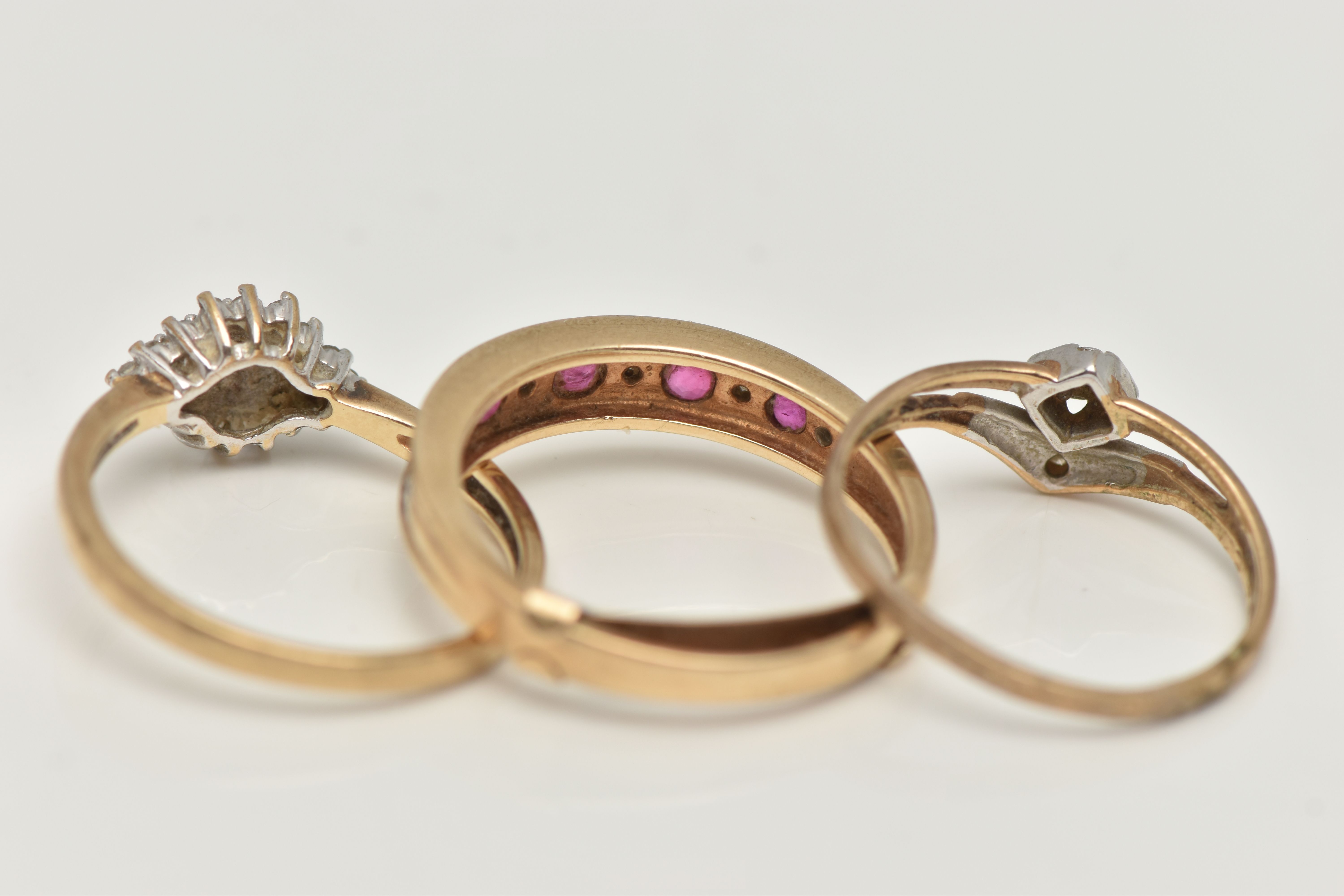 THREE 9CT GOLD RINGS, the first a ruby and small single cut diamond half eternity ring, hallmarked - Image 4 of 4