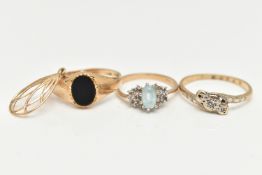 A SELECTION OF YELLOW METAL JEWELLERY, to include a blue topaz and diamond dress ring, with import