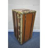 A LIGHT BROWN STEAMER TRUNK, with brass and wooden banding, length 111cm x 55cm x height 56cm (