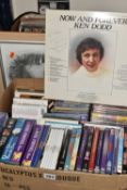 TWO BOXES OF L.PS, DVDS AND CDS, to include a framed print of a 'Jonathan Wood' drawing of Daniel