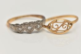 TWO YELLOW METAL RINGS, the first set with three single cut diamonds illusion set in heart shape