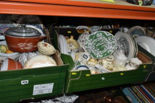 FIVE BOXES OF DINNERWARE, to include two graduated Pyrex 'Autumn Harvest' pattern oven dishes size