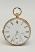AN EARLY 20TH CENTURY 18CT GOLD OPEN FACE POCKET WATCH, key wound movement, round white dial,