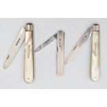 THREE SILVER FRUIT KNIVES, the first fitted with a mother of pearl handle, engraved floral design to